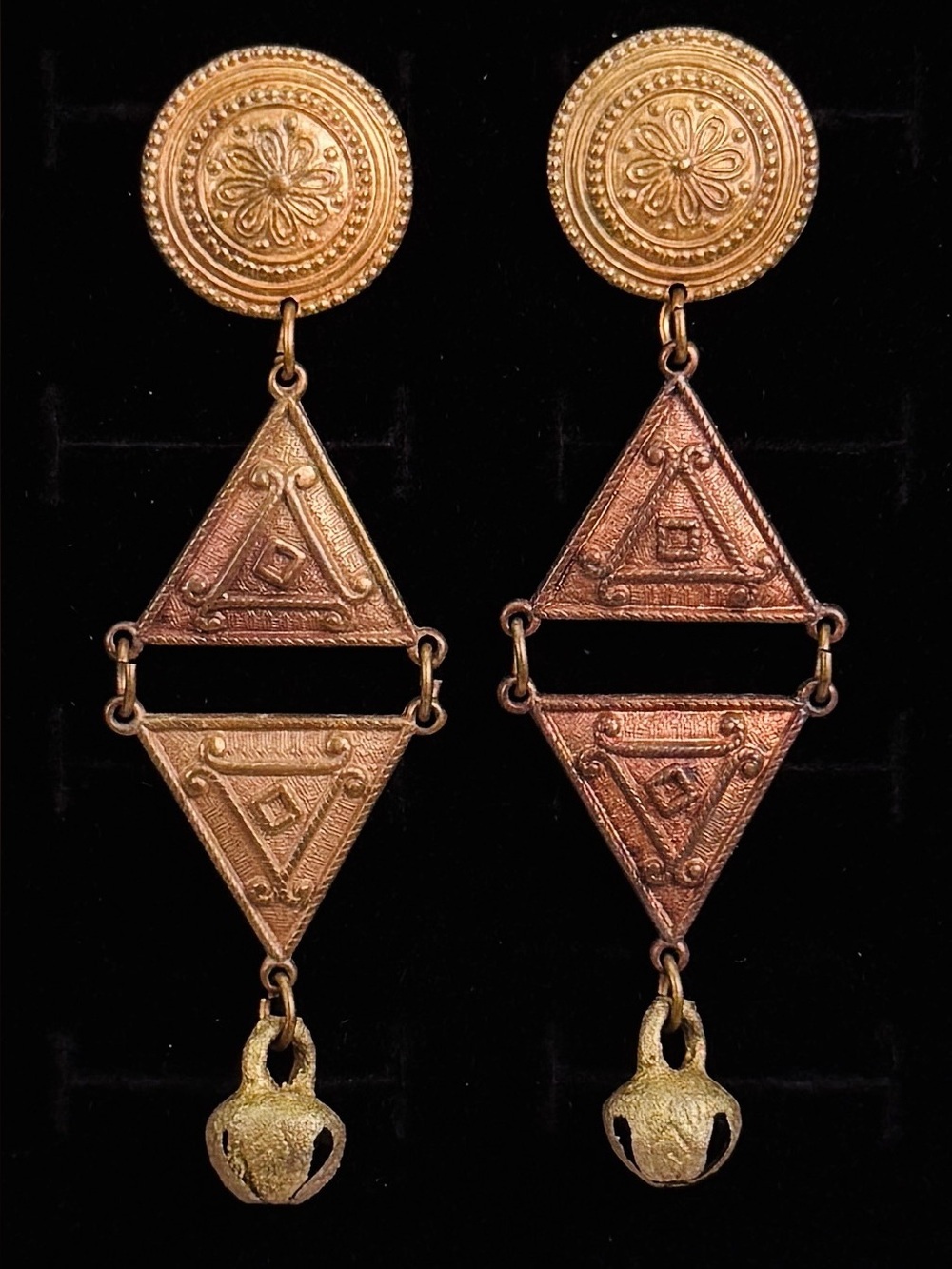 Vintage Pierced Geometric Triangle Bell Dangle Statement Earrings